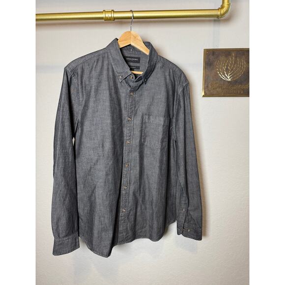 Men's Banana Republic Black Chambray Denim Untucked Slim Fit Button Down Sz L - Picture 2 of 7